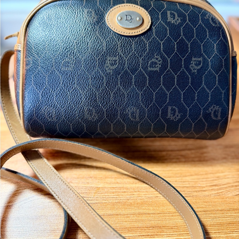 Dior Vintage Black Honeycomb and Brown Leather Crossbody Bag